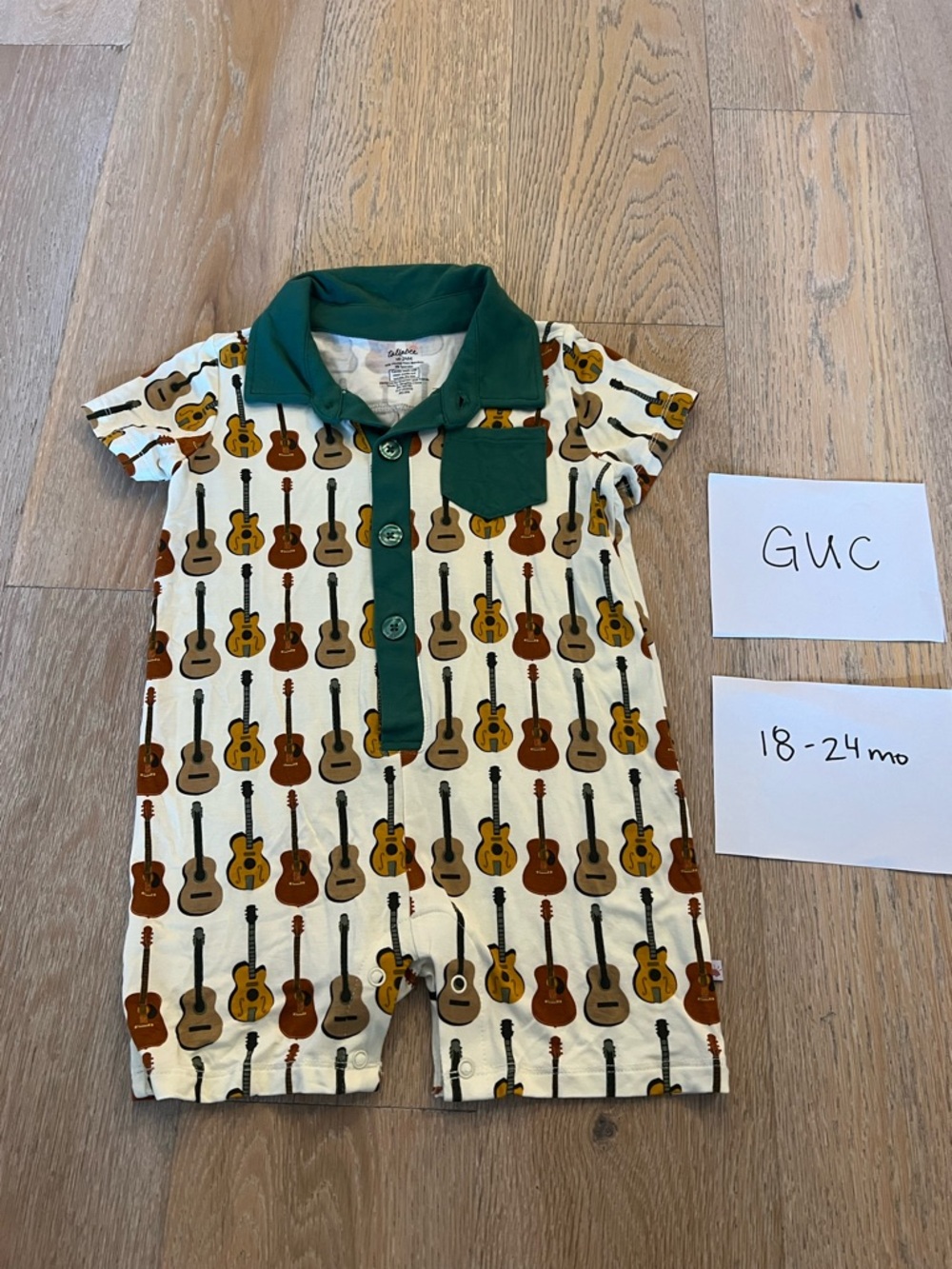 Guitar Print Polo Romper - Green Collar